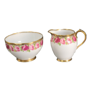Vintage English Gilded Painted Romantic Roses Roslyn Fine Bone China Creamer & Sugar Set