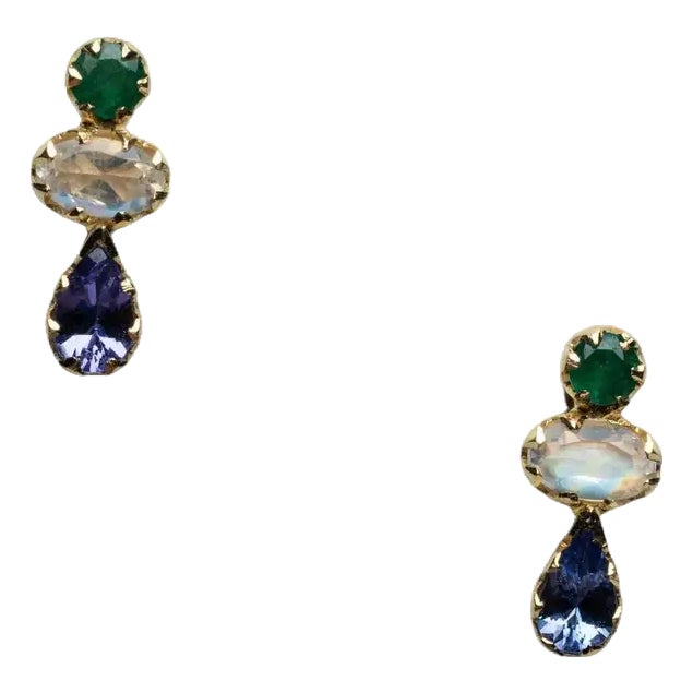 1990s Pair of 18k Gold, Triple Stone Stud Earrings--Emeralds, Rainbow Moonstone & Tanzanite For Sale