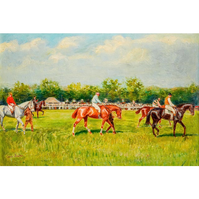 French Country Captivating Colorful Antique French Horse Racing Oil Painting Equestrian Sporting Art For Sale - Image 3 of 18