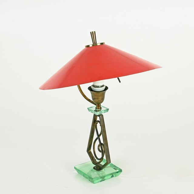 Adjustable Table Lamp in Red Metal, Brass and Green Glass from Stilnovo, Italy, 1950s For Sale - Image 12 of 17