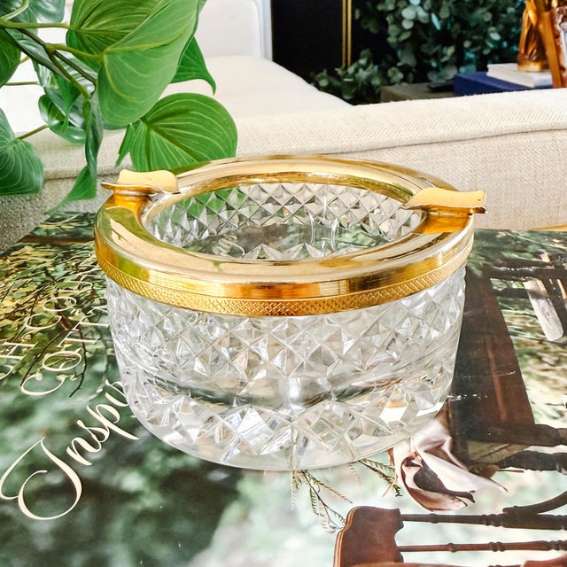 Metal Vintage French Baccar Diamond-Cut Crystal Ashtray With Gilded Rim For Sale - Image 7 of 7