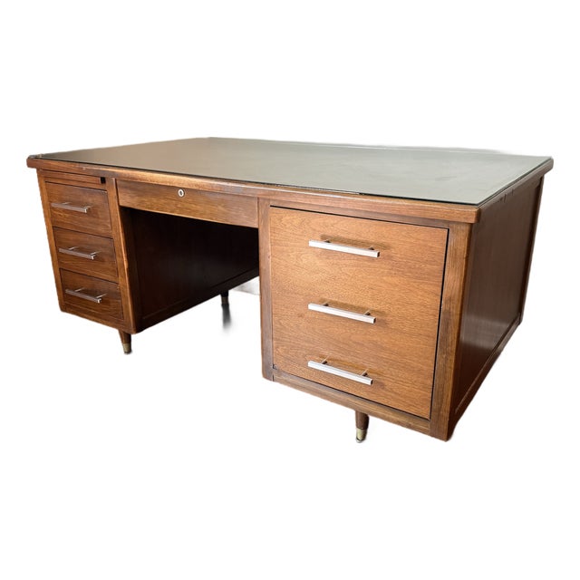 1950s Mid Century Walnut Executive Desk With Glass Top For Sale