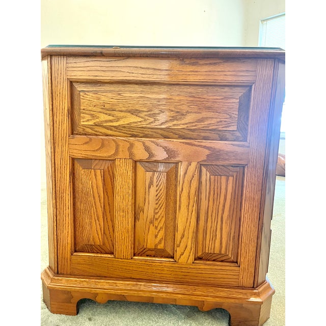 Wood Vintage 1989 Solid Oak Executive Desk With Glass Top and Locking Drawers For Sale - Image 7 of 11