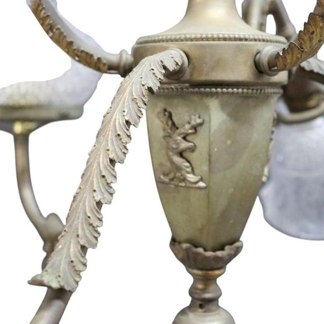 Brass Electric & Gas 7-Light Chandelier & Diamond Cut Ruffled Glass Shades C1890 For Sale - Image 9 of 13