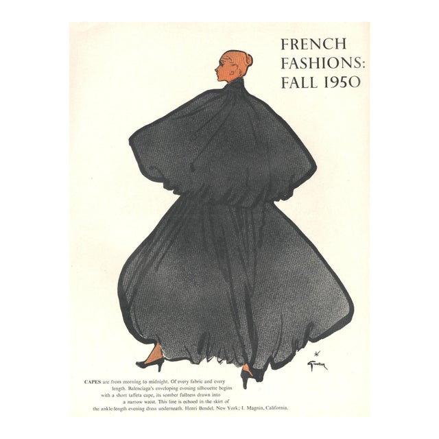 1950 Mid-Century French Balenciaga Fashion Print by Gruau, Matted For Sale