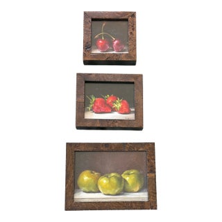 Three Original Amanda Selway British Still Lifes of Cherries, Strawberries and Green Apple Fruits in Custom Burl Wood Finished Frames For Sale