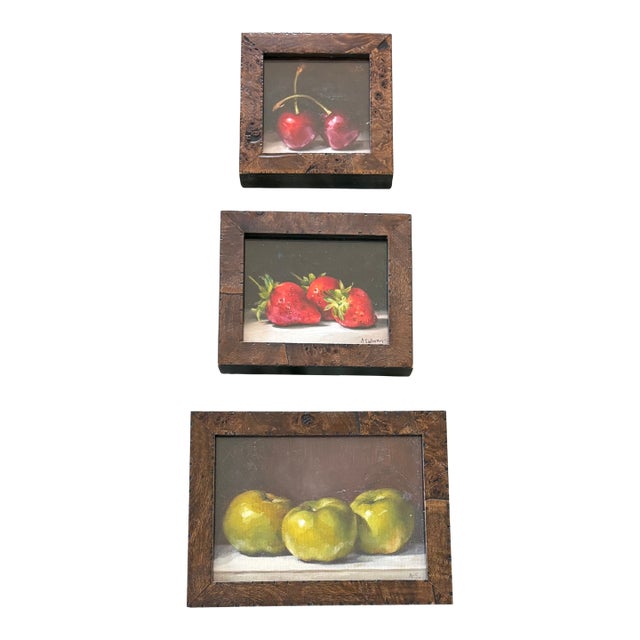 Three Original Amanda Selway British Still Lifes of Cherries, Strawberries and Green Apple Fruits in Custom Burl Wood Finished Frames For Sale