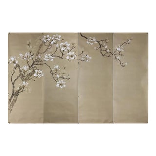 Stock Magnolia Mural Hand Painted Wallpaper - Set for 4 Panels For Sale