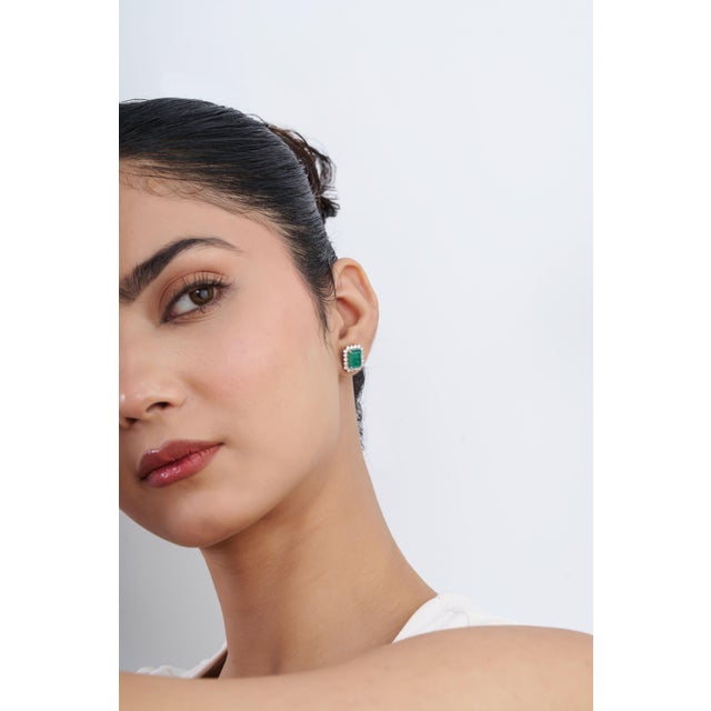 4.39ct Zambian Emerald Solitaire Stud Earrings With Diamonds in 14k Solid Gold- A Pair For Sale - Image 10 of 16