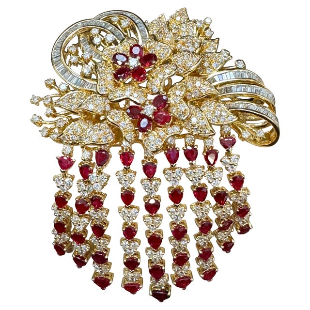 Vintage 18 Ct Diamond & 15 Ct Ruby Floral Broach 52.8 GM 18 Karat Yellow Gold For Sale - Image 15 of 18