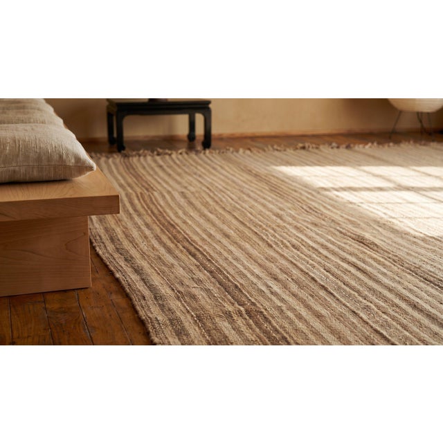 1930s Tan Camel Stripe Antique Kilim n.w. Persian Rug 10'10" X 11'3" Flatweave Wool Carpet For Sale - Image 9 of 9