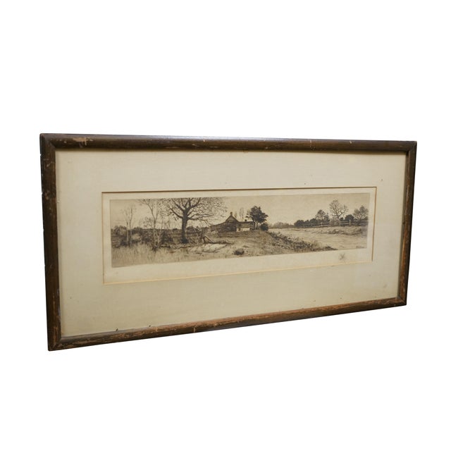 Antique panoramic riverscape / landscape etching depicting a farmhouse cottage next to a river, with a village in the...