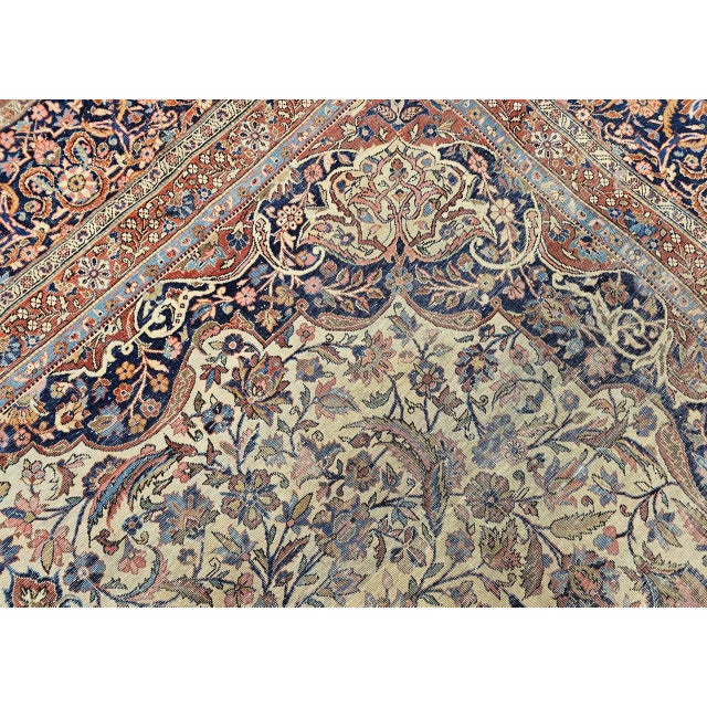 19th Century Persian Kashan Rug, Hand-Knotted Wool & Cotton, Floral Design, Ivory & Navy, 9x12 For Sale - Image 17 of 18