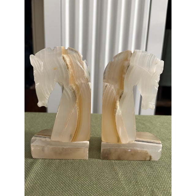 Pair of Vintage White Onyx Horse Head Bookends, Late 20th Century