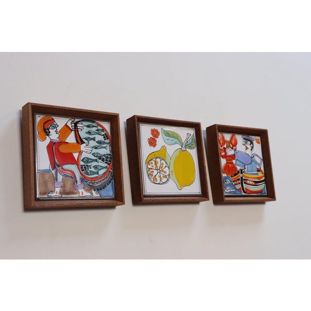 DeSimone Set of Three Vintage Sicilian Pescatore and Limone Handpainted Ceramic Tiles For Sale - Image 4 of 15