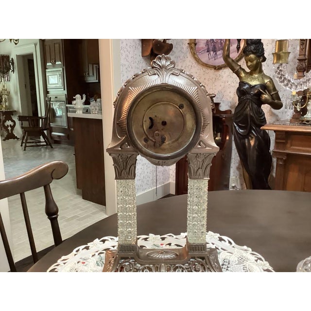 Metal Antique Art Nouveau Portico Shelf Clock With Glass Columns Mauthe Germany For Sale - Image 7 of 10