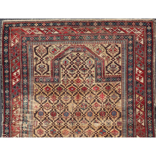 Yellow Early 20th Century Antique Shirvan Prayer Design Rug in Yellow Background and Geometric Borders For Sale - Image 8 of 11