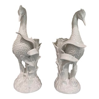 Vintage Late 20th Century Pair Fitz and Floyd White Bird Candlesticks For Sale