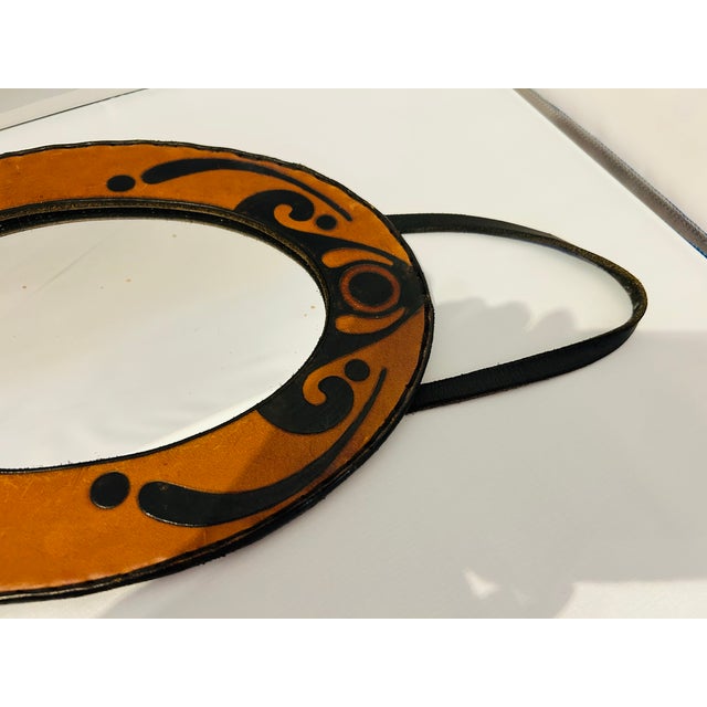 1970s Handmade Leather Petite Oval Mirror Boho Fab! For Sale - Image 4 of 6