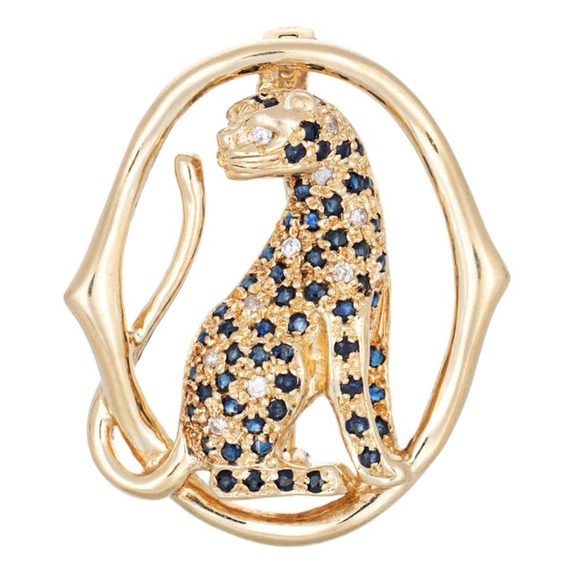 1970s Vintage Panther Pendant Diamond Sapphire 14k Yellow Gold Animal Jewelry For Sale