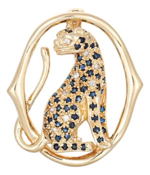 1970s Vintage Panther Pendant Diamond Sapphire 14k Yellow Gold Animal Jewelry