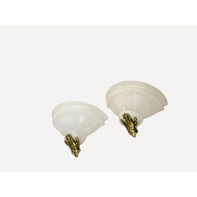 Mid-Century Modern Art Deco Alabaster Wall Lights with Bronze Hands, 1970s, Set of 2 For Sale - Image 3 of 10
