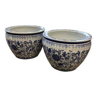 Early 21st Century Chinoiserie Blue & White Planters - a Pair For Sale