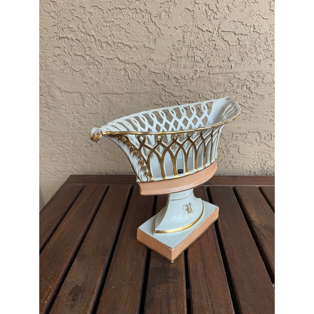 French French White,Salmon and Gold Pierced Porcelain Compote Basket Centerpiece Bowl For Sale - Image 3 of 8