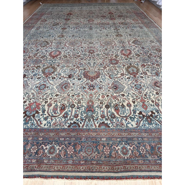 Antique Bijar Carpet Oriental Carpet, Handmade, Ivory, Coral, Light Blue, Taupe For Sale - Image 11 of 17