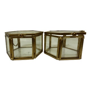 Vintage Hexagonal Brass & Glass Trinket Boxes - A Pair For Sale