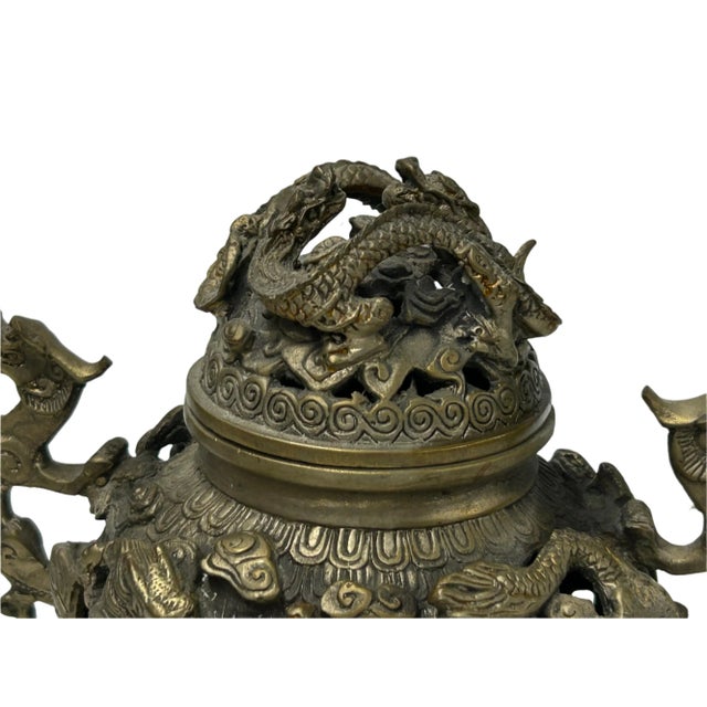 Vintage Bronze Color Metal Dragons Tri Legs Ding Incense Burner Art For Sale - Image 9 of 14