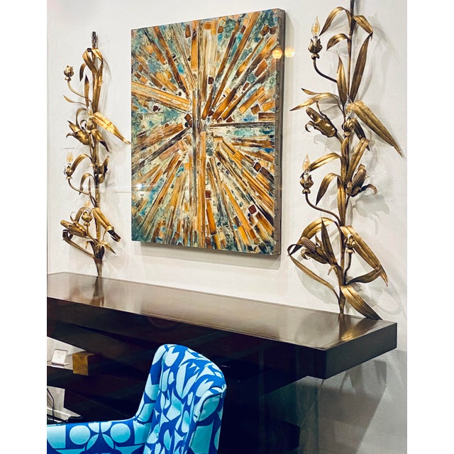 1960s Vintage Italian Gold Gilded Corn Husk Large Wall Sconces - a Pair For Sale - Image 10 of 10