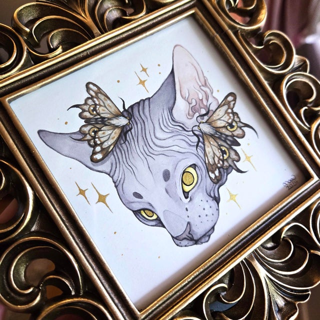 Contemporary Sphynx Moths by Nana Williams | Watercolor of a Sphynx cat with moths around its head For Sale - Image 3 of 5