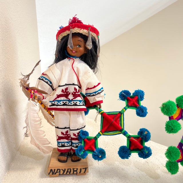 Mexican Vintage Native 2 Set Traditional Mexican Huichol Hand-Decorated Dolls -14 Inches For Sale - Image 3 of 11