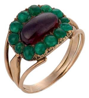 Mid 19th Century Georgian Cabochon Cut Garnet Emerald 10k Rose Gold Ring, Size 8