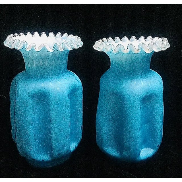 Beautiful Pair Aqua Satin Webb Polka Dot Cases Glass vases measuring 8 1/4" tall.