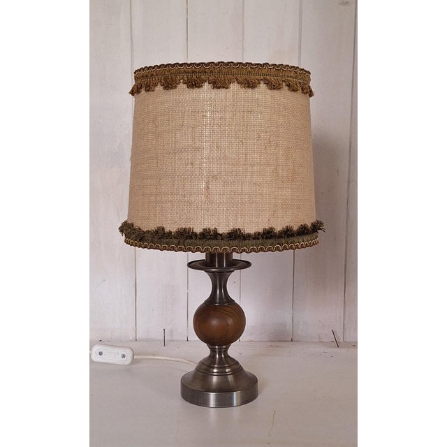 Rustic German Table Lamp with Metal and Oak Base and Beige Fabric Shade from Raab-Leuchten, 1970s, in Very Good...