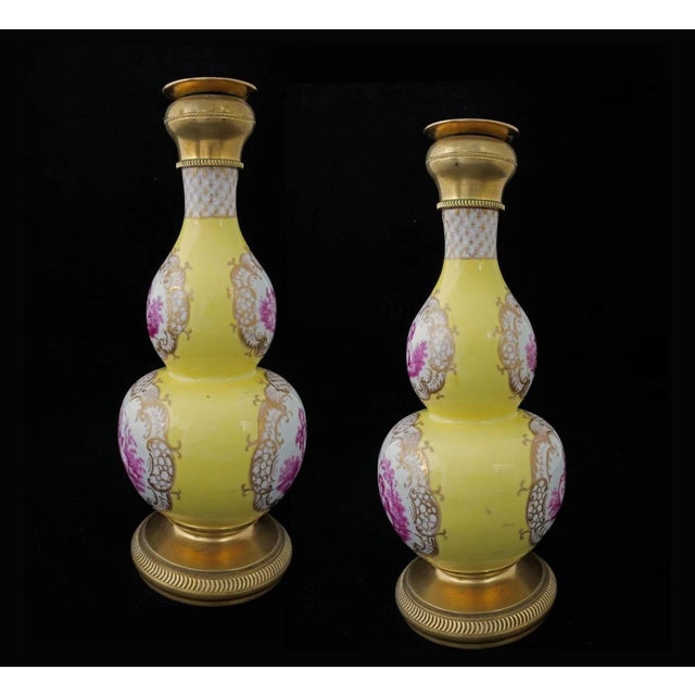 19th Century Yellow Double Gourd Candlestick Vases Dresden Helena Wolfsohn Bronze Mounted Porcelain Rococo Style - A Pair For Sale - Image 5 of 7