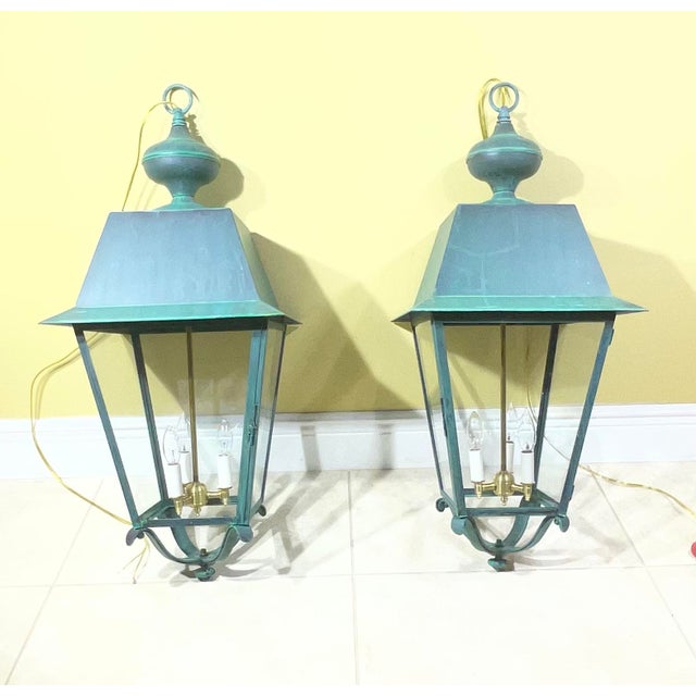 Verdigris Pair of Solid Verdigris Brass Hanging Lanterns. 14” X 14” X 33” For Sale - Image 8 of 16