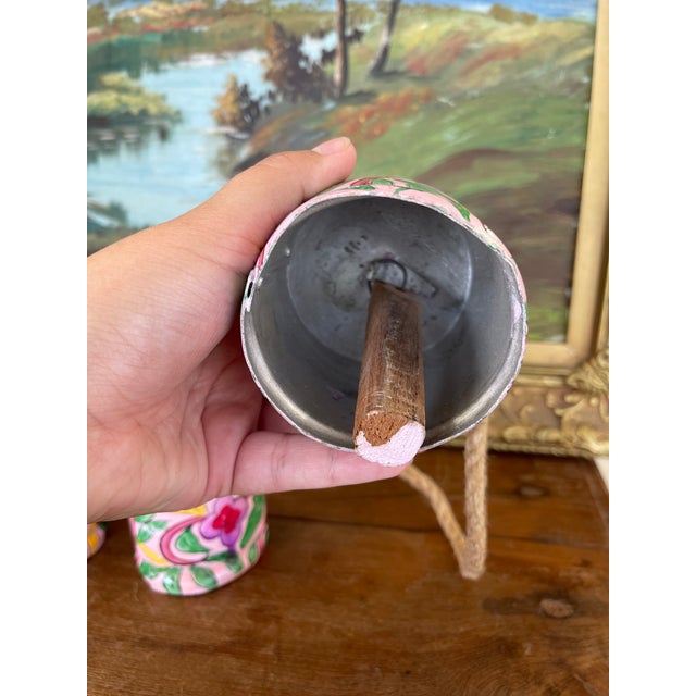 Pink 1970s Hand-Painted Pink Metal Bell Garland With Floral Motif, Set of 6 Decorative Hanging Bells. For Sale - Image 8 of 10