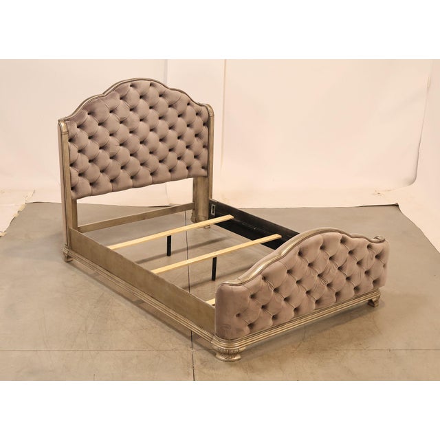 Elegant Decorator Style Queen Bed Featuring a Deep Tufted Upholstered Headboard and Footboard in a Soft Taupe Velvet-Like...