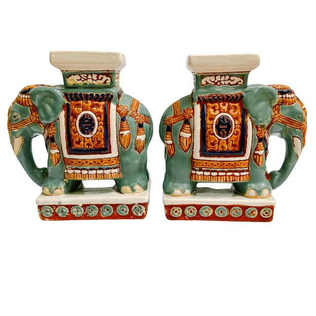 Chinoiserie Vintage Chinoiserie Celadon & Ochre Ceramic Elephant Glazed Plant Stands / Bookends For Sale - Image 3 of 10