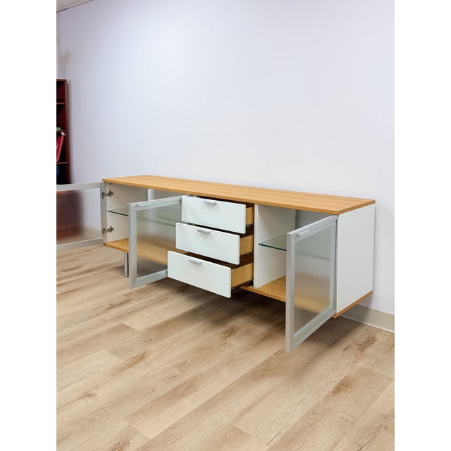 Wood Modern MCM Wood Glass Metal Sideboard Credenza White Natural Frosted Glass For Sale - Image 7 of 13