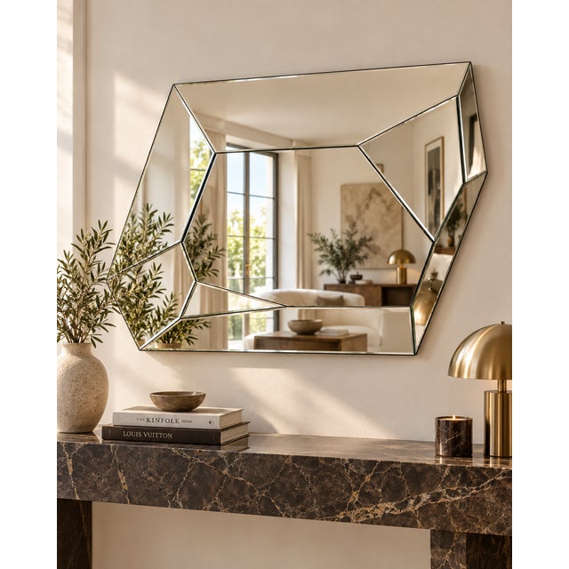 Large asymmetrical wall mirror with a geometric design, Italian style. Multiple glass facets. Dimensions: Height 101 cm,...