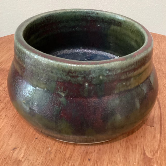 Mid-Century Modern Vintage Fire Glazed Handmade Pottery Bowl Artist Signed For Sale - Image 3 of 13