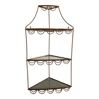 Vintage Gilt Metal & Glass Hanging Corner Shelf For Sale