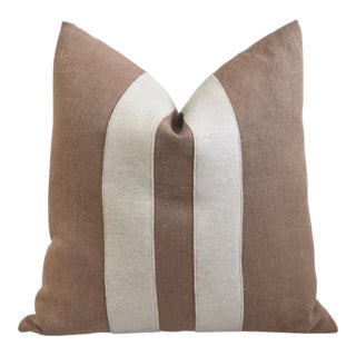 French Brown and Cream Appliqué Stripes Wool and Linen Feather/Down Pillow For Sale
