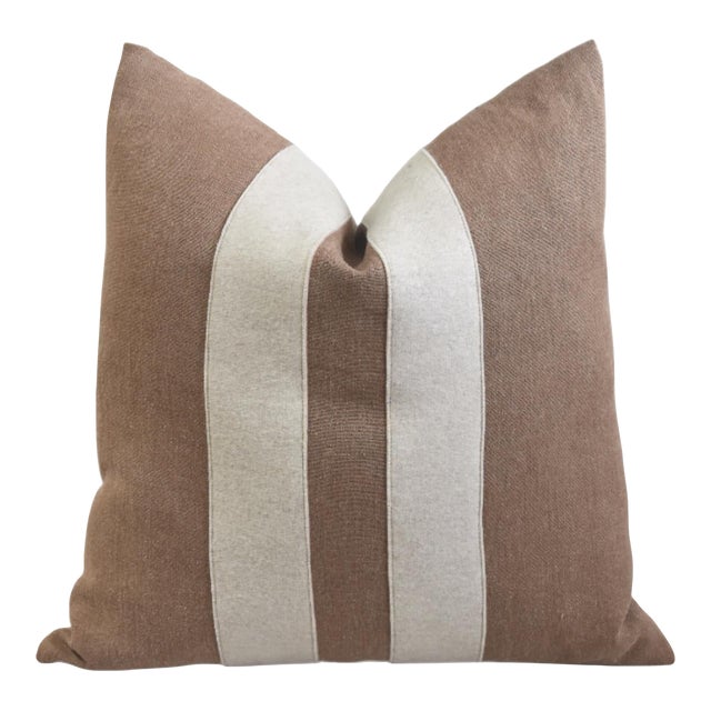 French Brown and Cream Appliqué Stripes Wool and Linen Feather/Down Pillow For Sale