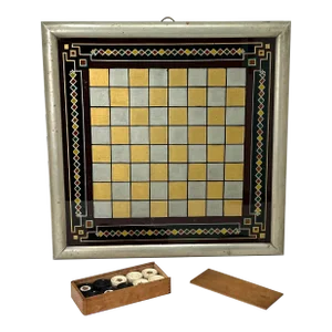 Antique American Victorian Nickel Plated Brass & Reverse Painted Glass Firehouse Checkerboard Game Set