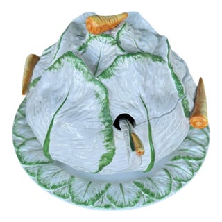 Vintage Italian Majolica Cabbage Tureen Set Carrot Handles Platter Ladle Rare For Sale